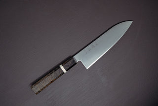 Hayabusa Silver3 Migaki Santoku 180mm w/ Birch Handle with white spacer - Thecooksedge