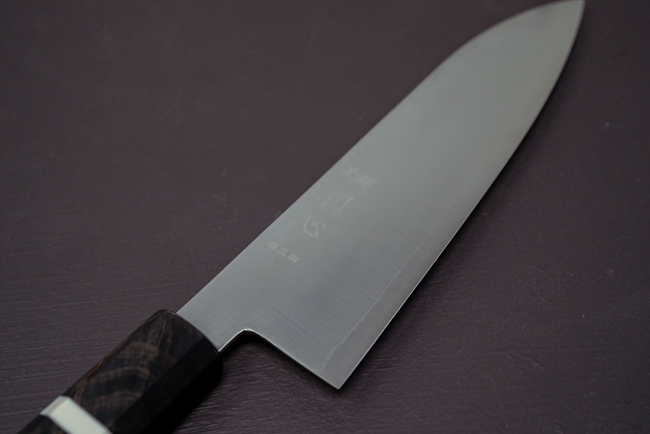 Hayabusa Silver3 Migaki Santoku 180mm w/ Birch Handle with white spacer - Thecooksedge