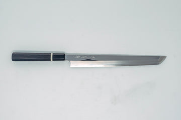 Sakai Kikumori SG2 Mirror Sakimaru Yanagiba 270mm Ebony handle w/black buffalo horn and white spacer - Thecooksedge