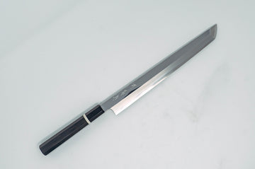 Sakai Kikumori SG2 Mirror Sakimaru Yanagiba 270mm Ebony handle w/black buffalo horn and white spacer - Thecooksedge