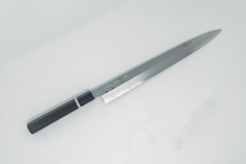 Sakai Kikumori SG2 Mirror Yanagiba 300mm Ebony handle w/black buffalo horn and white spacer - Thecooksedge