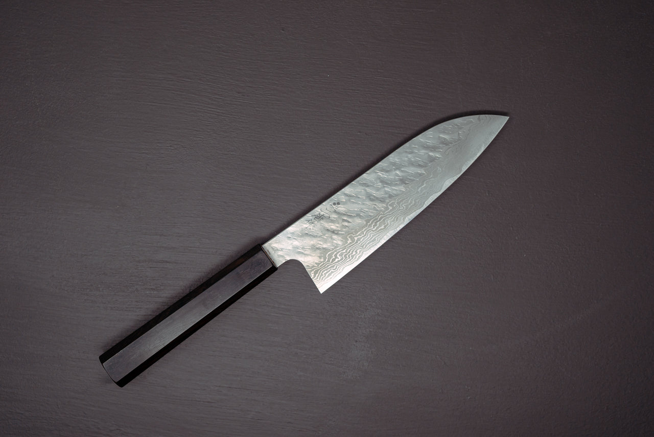 Nigara Hamono VG10 Tsuchime Damascus Santoku 180mm - Thecooksedge