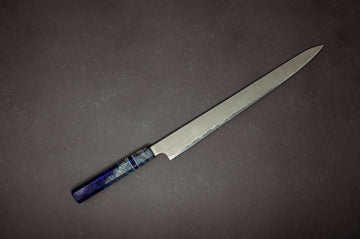 Nigara Hamono Blue#2 Reversible Damascus Sujihiki 360mm w/Matching Saya & Handle - Thecooksedge