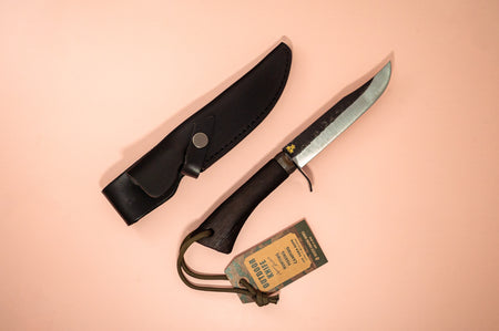 Japanese Outdoor Knife TK053 Black 135mm w/Leather Sheath - Thecooksedge