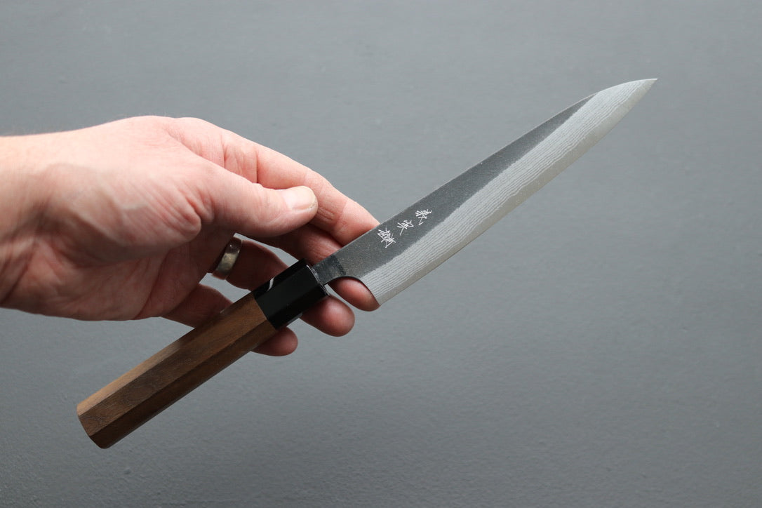 Yoshimi Kato Damascus Kurouchi AS Petty 150mm - Thecooksedge
