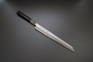 Sakai Kikumori Yoshikazu Tanaka Blue Damascus Kiritsuke Yanagiba 300mm - Thecooksedge