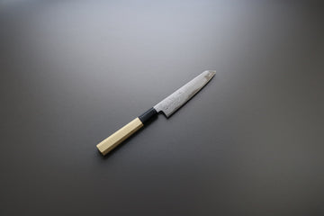 Sakai Kikumori Yoshikazu Tanaka Blue Damascus Kiritsuke Petty 135mm - Thecooksedge