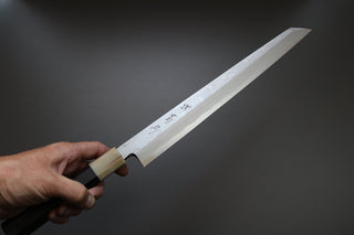 Sakai Kikumori Yoshikazu Tanaka Blue Damascus Kiritsuke Yanagiba 300mm - Thecooksedge