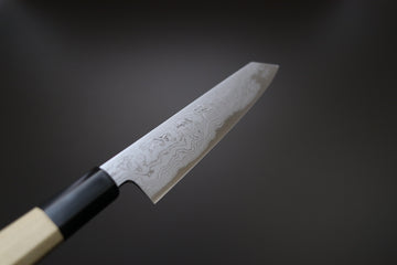 Sakai Kikumori Yoshikazu Tanaka Blue Damascus Kiritsuke Petty 135mm - Thecooksedge