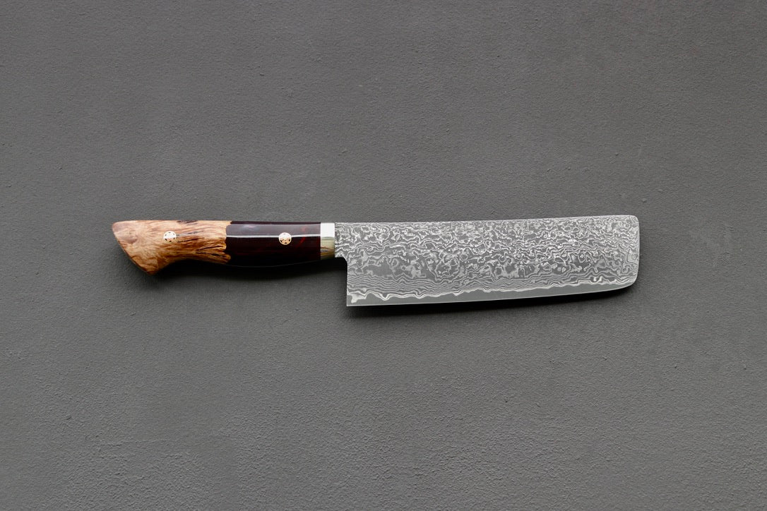 Shigeki Tanaka R2 Damascus Nakiri 170mm w/Custom Western Acrylic/Birch Handle - Thecooksedge