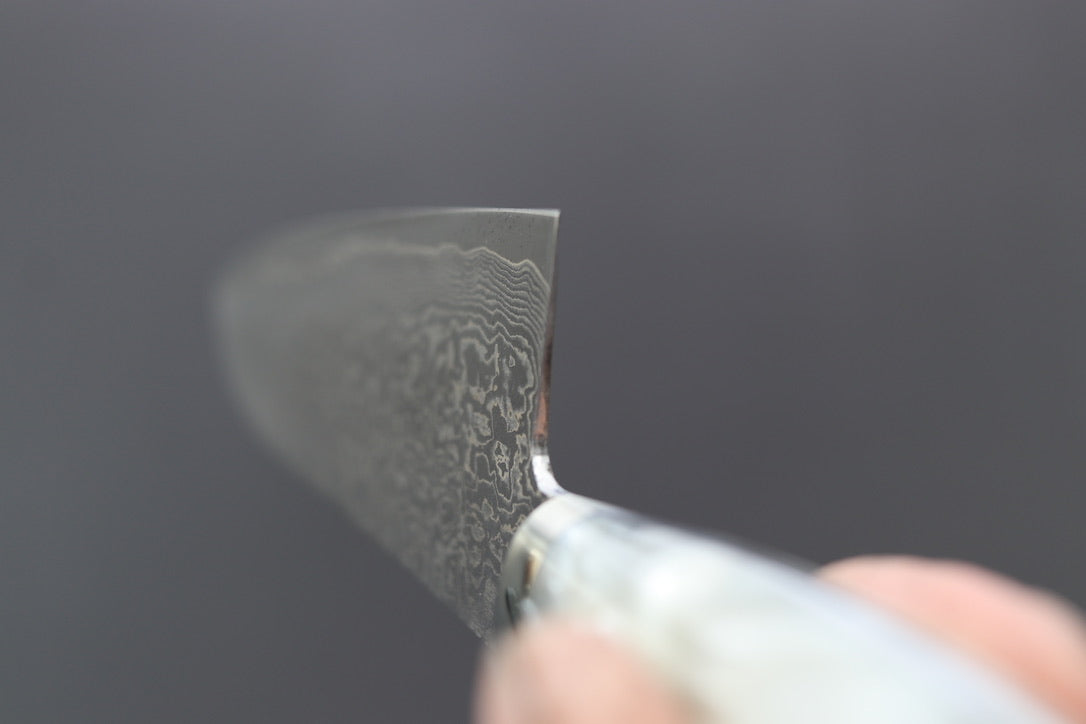 Shigeki Tanaka R2 Damascus Santoku w/Custom Western White Acrylic Handle - Thecooksedge