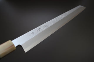 Sakai Kikumori Yoshikazu Tanaka Blue Damascus Kiritsuke Yanagiba 300mm - Thecooksedge