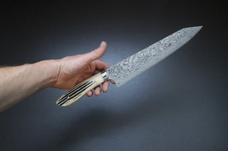 Takeshi Saji R2 Damascus Staghorn Handle Kiritsuke 240mm - Thecooksedge