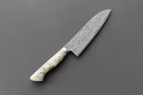 Shigeki Tanaka R2 Damascus Santoku w/Custom Western White Acrylic Handle - Thecooksedge