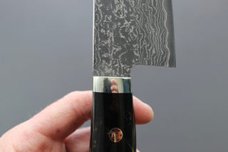 Shigeki Tanaka R2 Damascus Santoku w/Custom Western Black Acrylic Handle - Thecooksedge