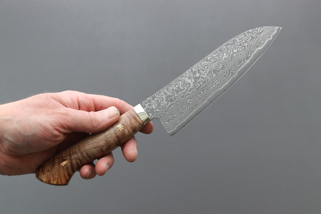 Shigeki Tanaka R2 Damascus Santoku w/Custom Western Birch Handle - Thecooksedge