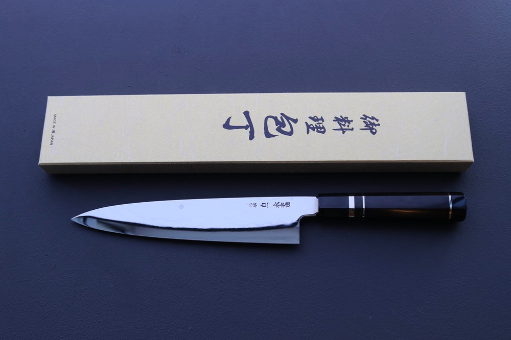 Yoshikazu Ikeda White#1 Mirror Finished Namiukashi/Fujisan/Moon Mizu Honyaki Gyuto 240mm - Thecooksedge