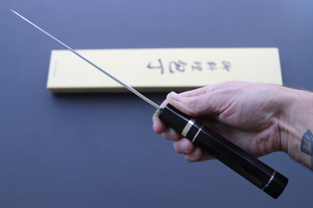 Yoshikazu Ikeda White#1 Mirror Finished Namiukashi/Fujisan/Moon Mizu Honyaki Gyuto 240mm - Thecooksedge
