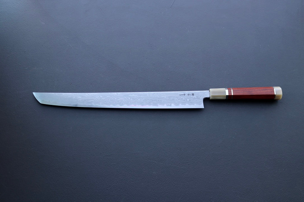 Nakagawa x Myojin Blue1 Damascus Sakimaru Sujihiki 390mm - Thecooksedge