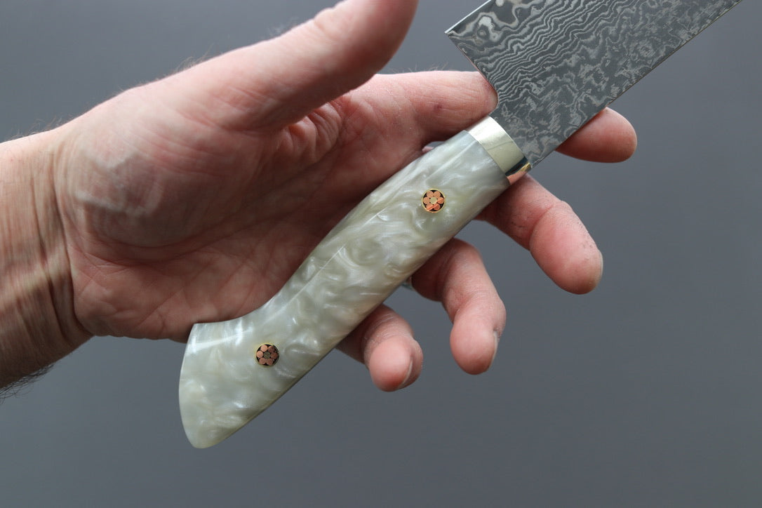 Shigeki Tanaka R2 Damascus Santoku w/Custom Western White Acrylic Handle - Thecooksedge
