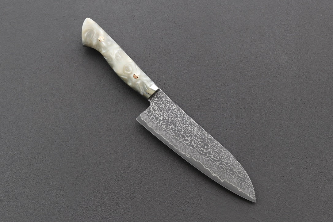 Shigeki Tanaka R2 Damascus Santoku w/Custom Western White Acrylic Handle - Thecooksedge