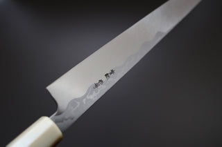 Sakai Kikumori Yoshikazu Tanaka Blue Damascus Kiritsuke Yanagiba 300mm - Thecooksedge