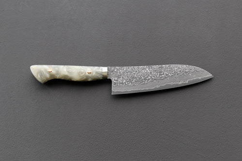 Shigeki Tanaka R2 Damascus Santoku w/Custom Western White Acrylic Handle - Thecooksedge