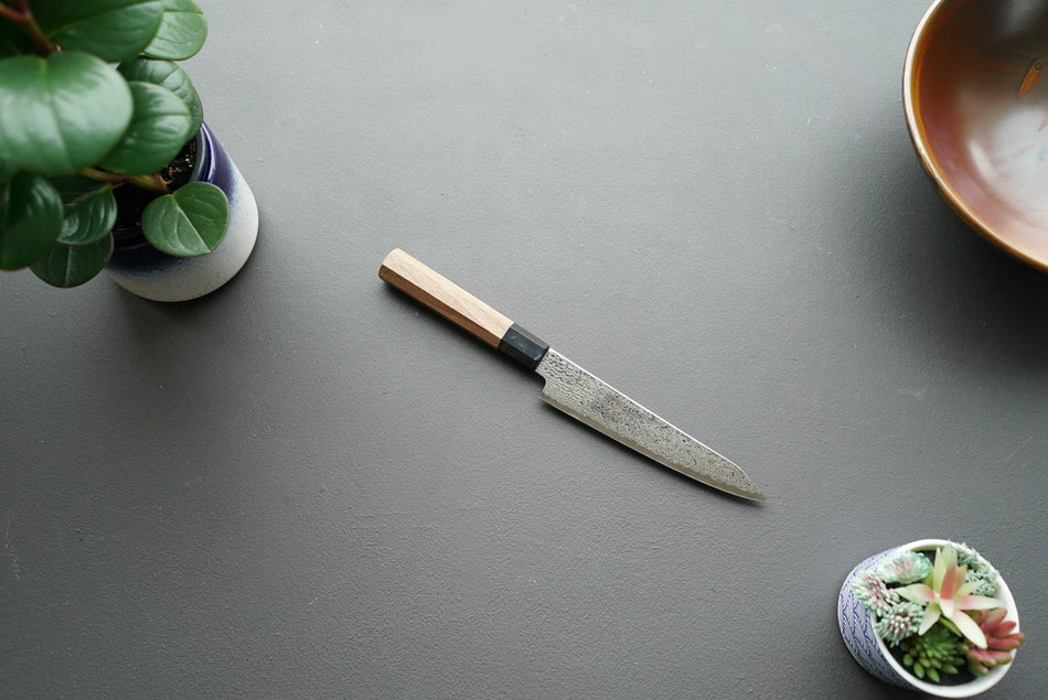 Hatsukokoro Sunaarashi Kurozome Damascus Kiritsuke Petty 150mm - Thecooksedge