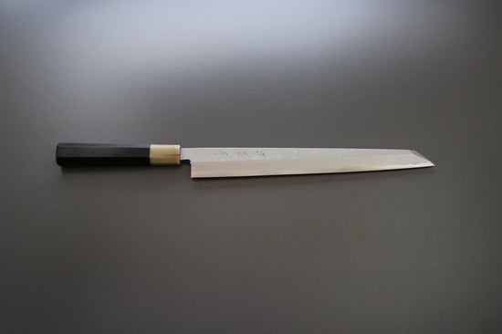 Sakai Kikumori Yoshikazu Tanaka Blue Damascus Kiritsuke Yanagiba 300mm - Thecooksedge