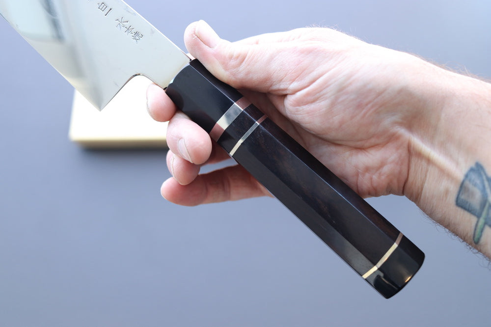 Yoshikazu Ikeda White#1 Mirror Finished Namiukashi/Fujisan/Moon Mizu Honyaki Gyuto 240mm - Thecooksedge
