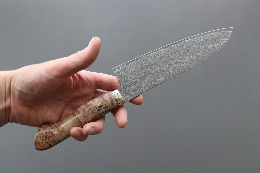 Shigeki Tanaka R2 Damascus Santoku w/Custom Western Birch Handle - Thecooksedge