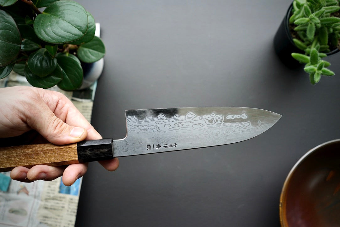 Nakagawa x Myojin Blue #1 Damascus Santoku 180mm - Thecooksedge