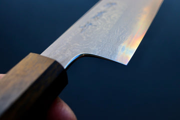 Yoshikazu Tanaka Blue1 Damascus Kiritsuke 210mm w/Black Oak Handle - Thecooksedge
