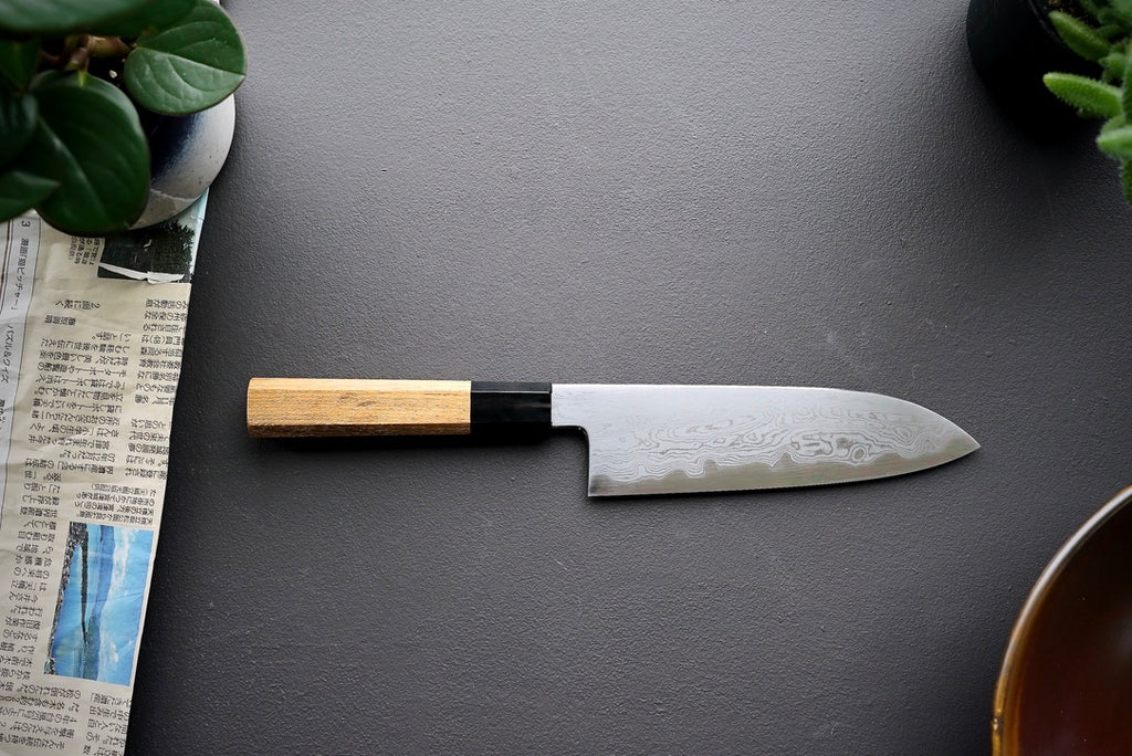 Nakagawa x Myojin Blue #1 Damascus Santoku 180mm - Thecooksedge
