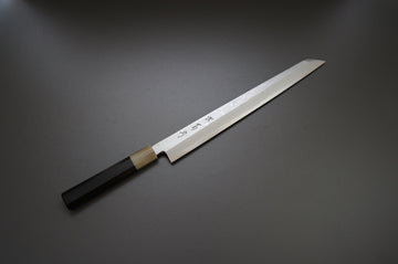 Sakai Kikumori Yoshikazu Tanaka Blue Damascus Kiritsuke Yanagiba 300mm - Thecooksedge