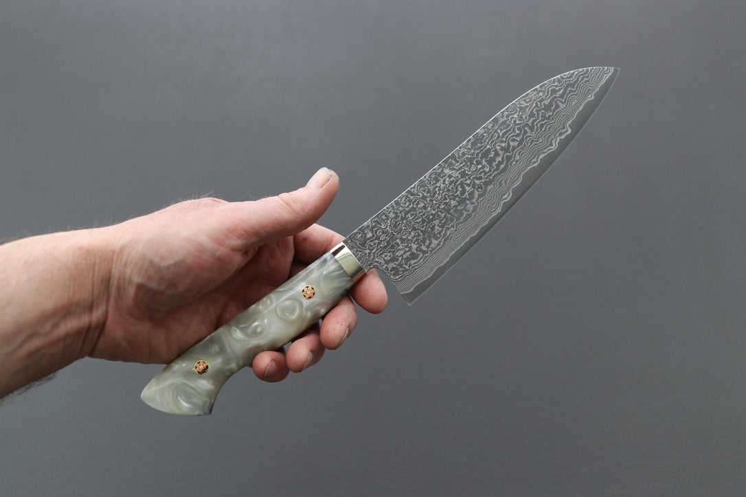 Shigeki Tanaka R2 Damascus Santoku w/Custom Western White Acrylic Handle - Thecooksedge