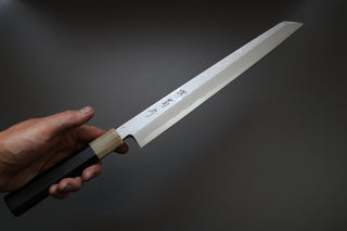 Sakai Kikumori Yoshikazu Tanaka Blue Damascus Kiritsuke Yanagiba 300mm - Thecooksedge