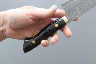Shigeki Tanaka R2 Damascus Santoku w/Custom Western Black Acrylic Handle - Thecooksedge