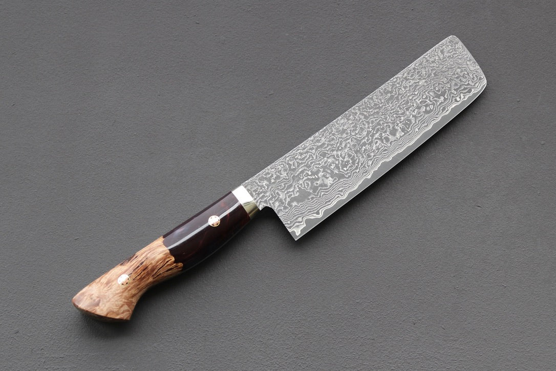 Shigeki Tanaka R2 Damascus Nakiri 170mm w/Custom Western Acrylic/Birch Handle - Thecooksedge